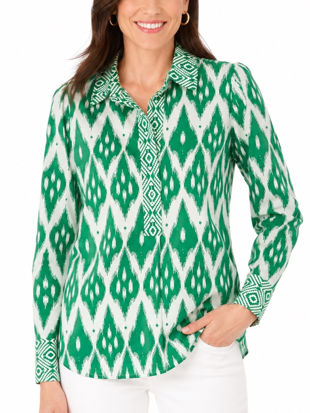 Talbots Green White Ikat Print Tunic‎ Blouse S Cotton Pullover Long Sleeve Boho